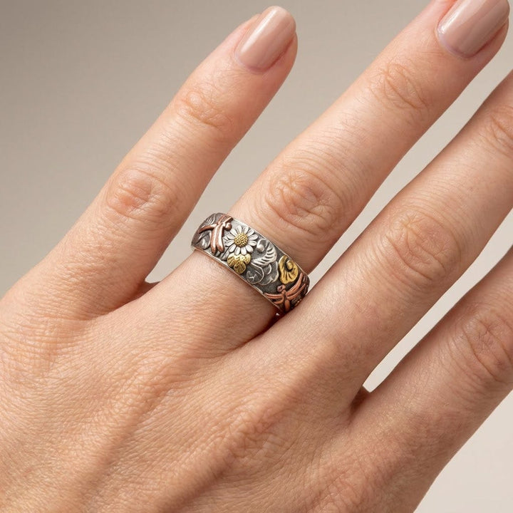 ANELLO VINTAGE IN ARGENTO FATTO A MANO CON LIBELLULA E GIRASOLE