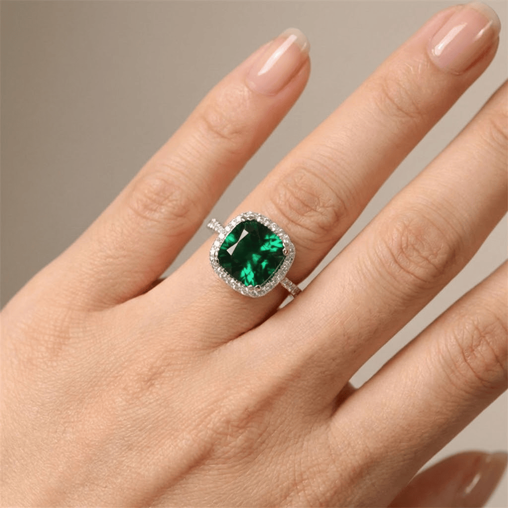 ANELLO A CUSCINO HALO CON EMERALDO VERDE