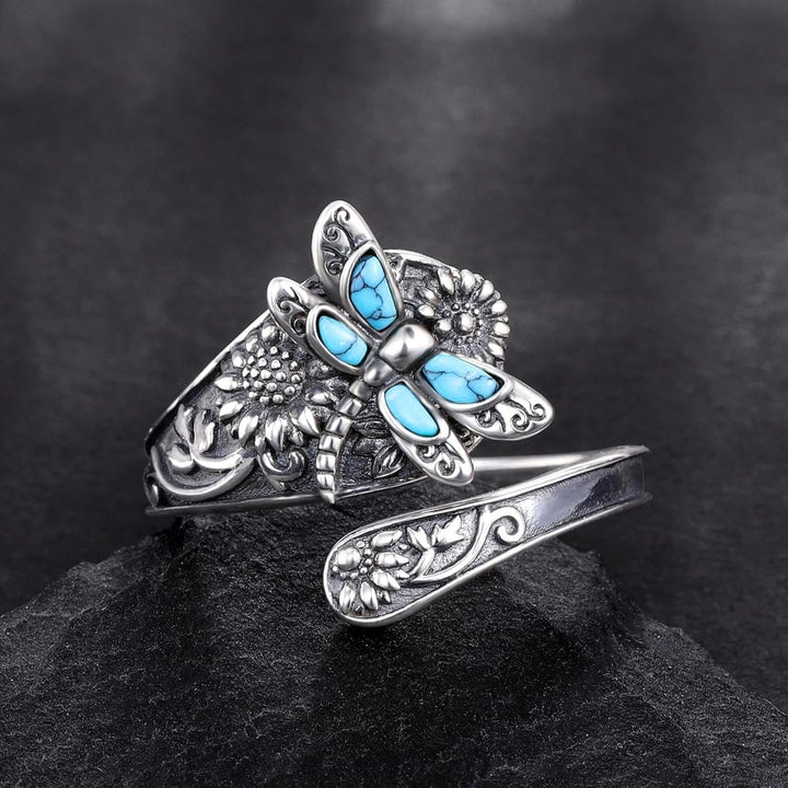 Anello Regolabile in Argento con Libellula in Turchese
