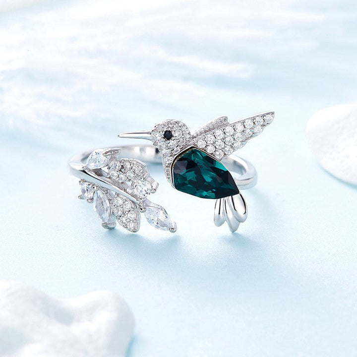 Anello Regolabile con Luccichio Colibrì e Diamante in Strass