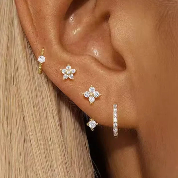 Earring Set | Zircon Round Hoop and Flower Design