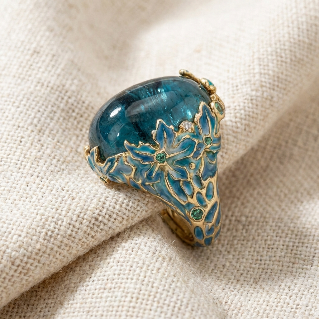 Anello Elegante in Oro con Fiore e Pietra Blu