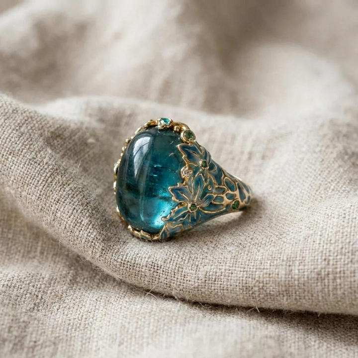 Anello Elegante in Oro con Fiore e Pietra Blu