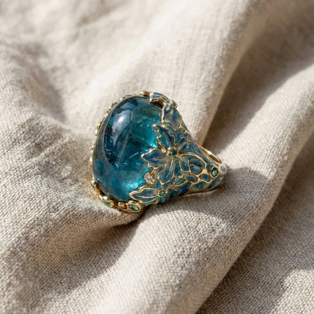 Anello Elegante in Oro con Fiore e Pietra Blu