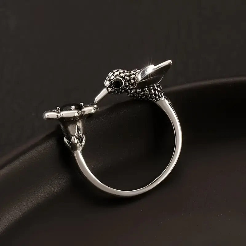 Anello Colibrì e Fiore – Anello Aperto Regolabile per Donne
