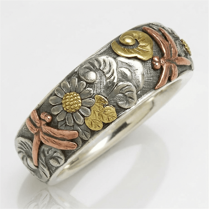ANELLO VINTAGE IN ARGENTO FATTO A MANO CON LIBELLULA E GIRASOLE